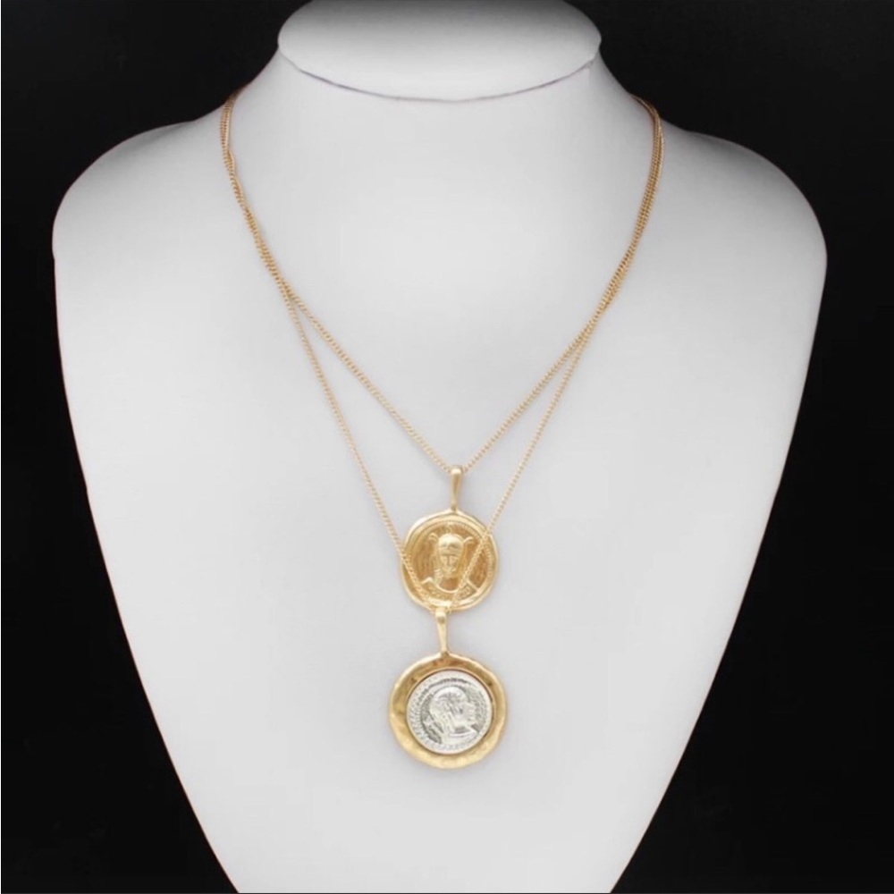 Coin Pendant Vintage Double Chain Layered Necklace - Picture 7 of 11